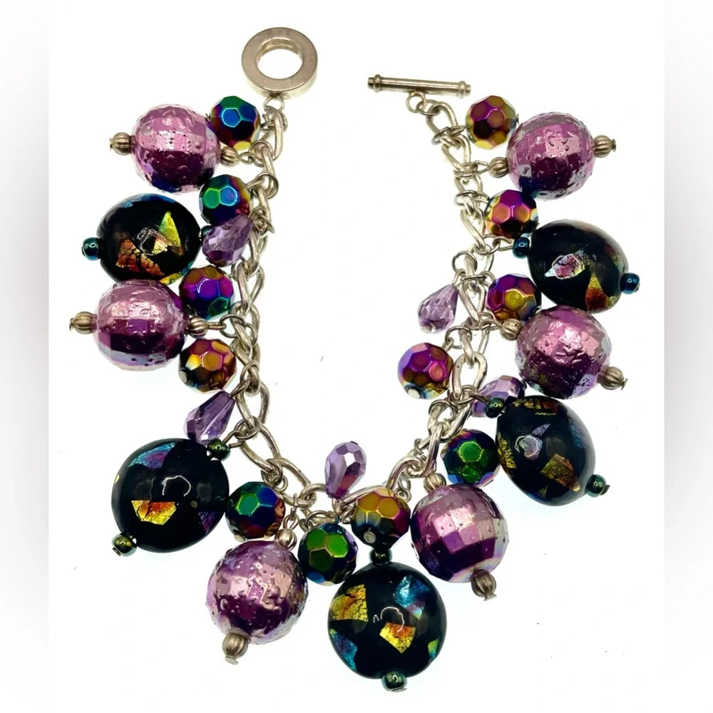 Artisan Silver Tone Chain Bracelet Art Glass and Acrylic Dangling Bead Charms - Picture 4 of 7